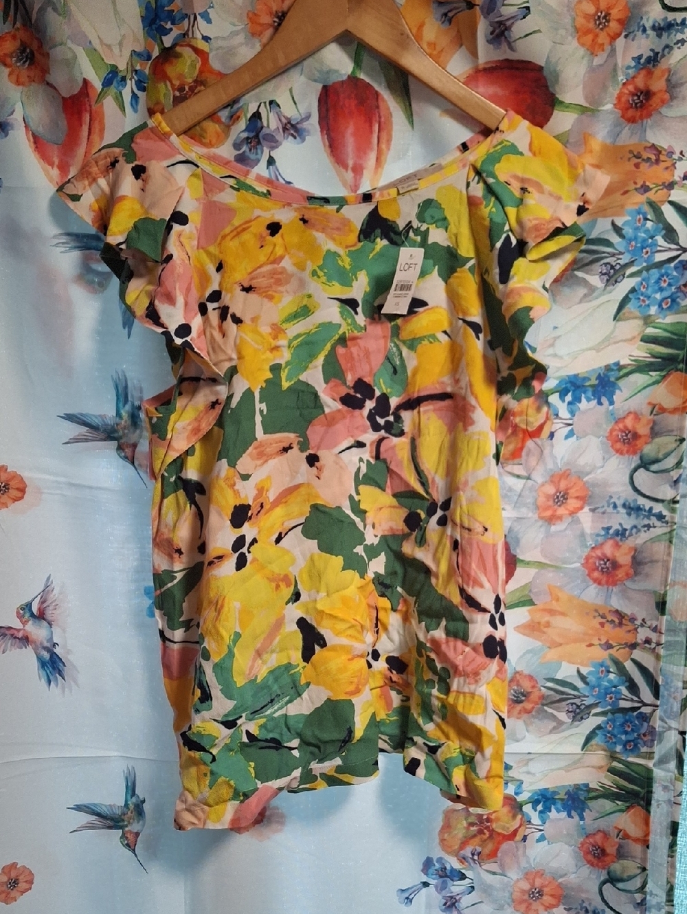 LOFT Yellow Floral Scoop-Neck Ruffle Sleeve Top Size Xs